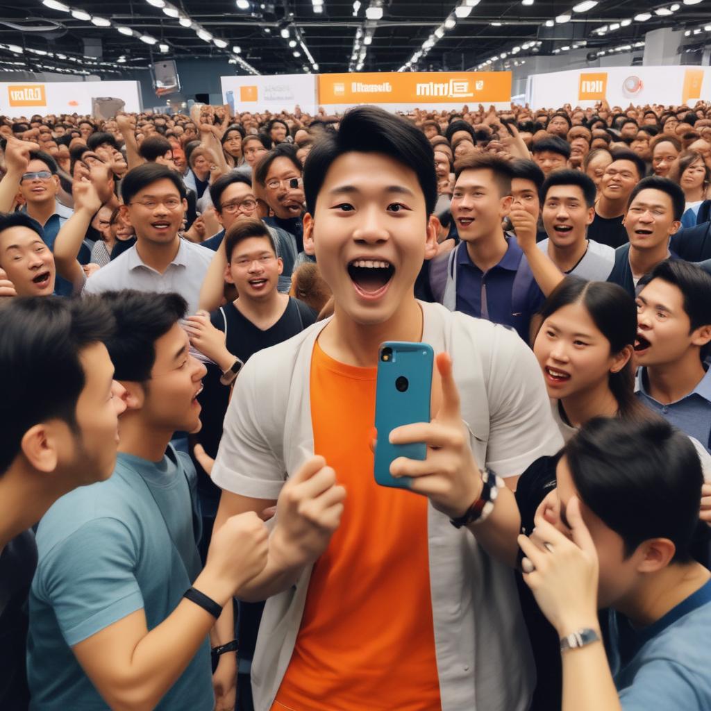 Excited bargain hunter triumphantly holding a new Xiaomi gadget, with envious onlookers in the background.
