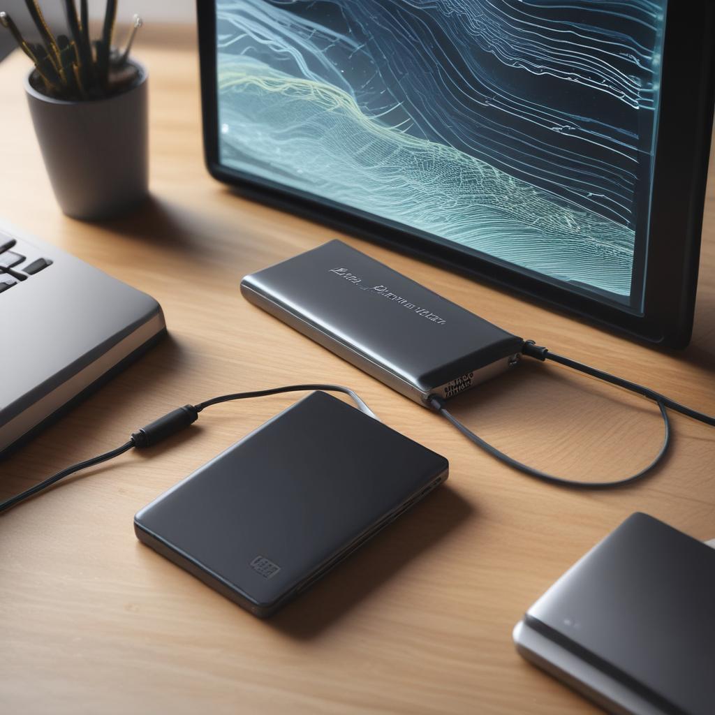 High-speed portable SSD connected to a laptop, demonstrating fast data transfer.